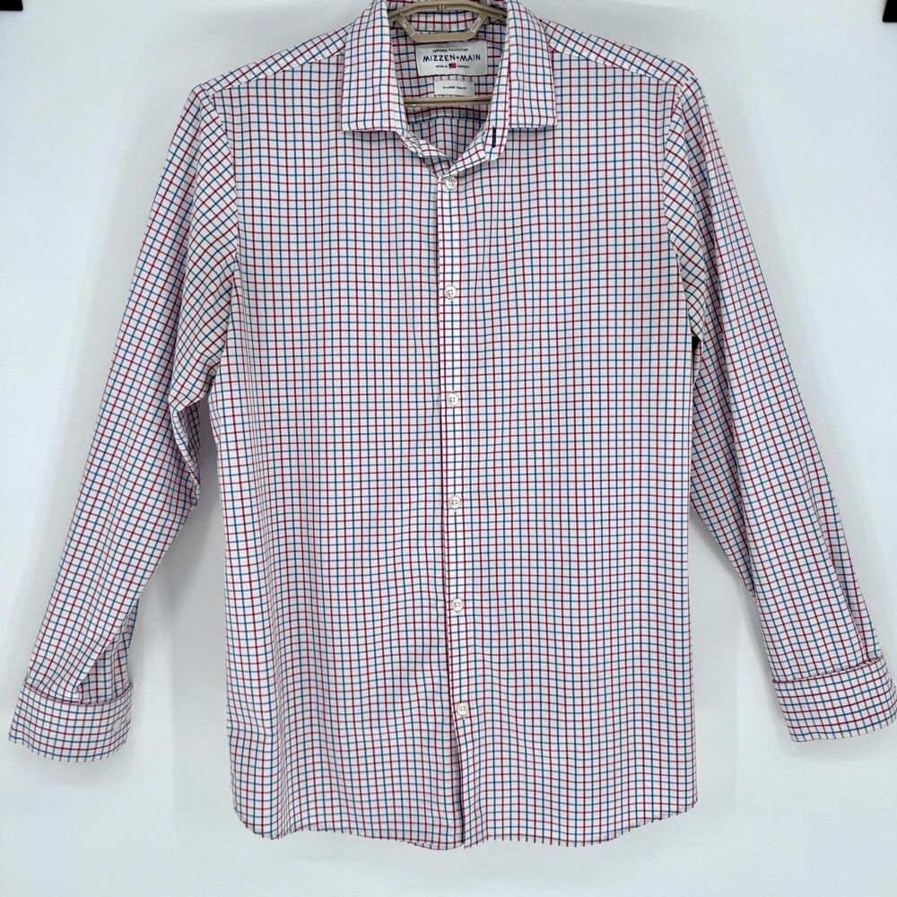 Mizzen+Main Leeward XL Trim Fit Performance Dress Shirt Red Blue Check